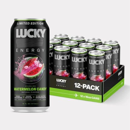 Lucky Energy Drink, Watermelon Candy Flavor, 12 Pack (16 fl oz Cans), Sugar Free, with Natural Caffeine, Electrolytes & B Vitamins