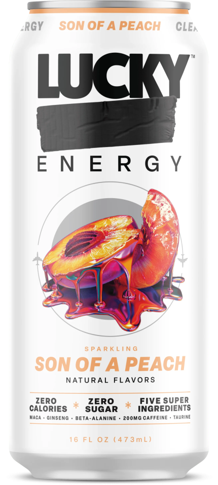 Lucky Energy Son of a Peach, 16 fl oz Can – Sparkling Energy Drink with Caffeine, B Vitamins, and Electrolytes, Zero Sugar