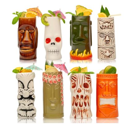Hard-Carved and Hand-Painted Tiki Mugs - Set of 8